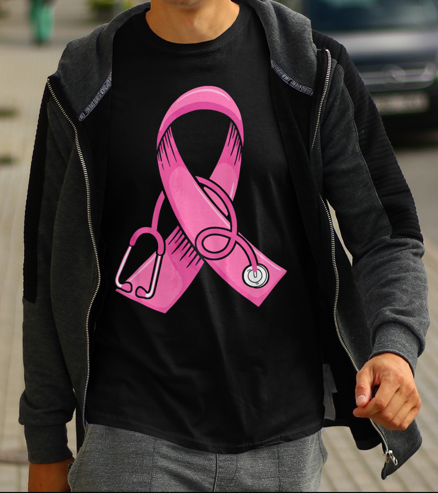 Pink Ribbon Heartbeat Nurse Doctor Breast Cancer Awareness Stethoscope T-Shirt