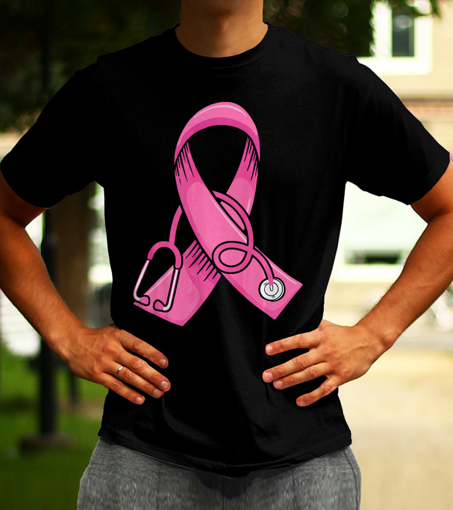 Pink Ribbon Heartbeat Nurse Doctor Breast Cancer Awareness Stethoscope T-Shirt