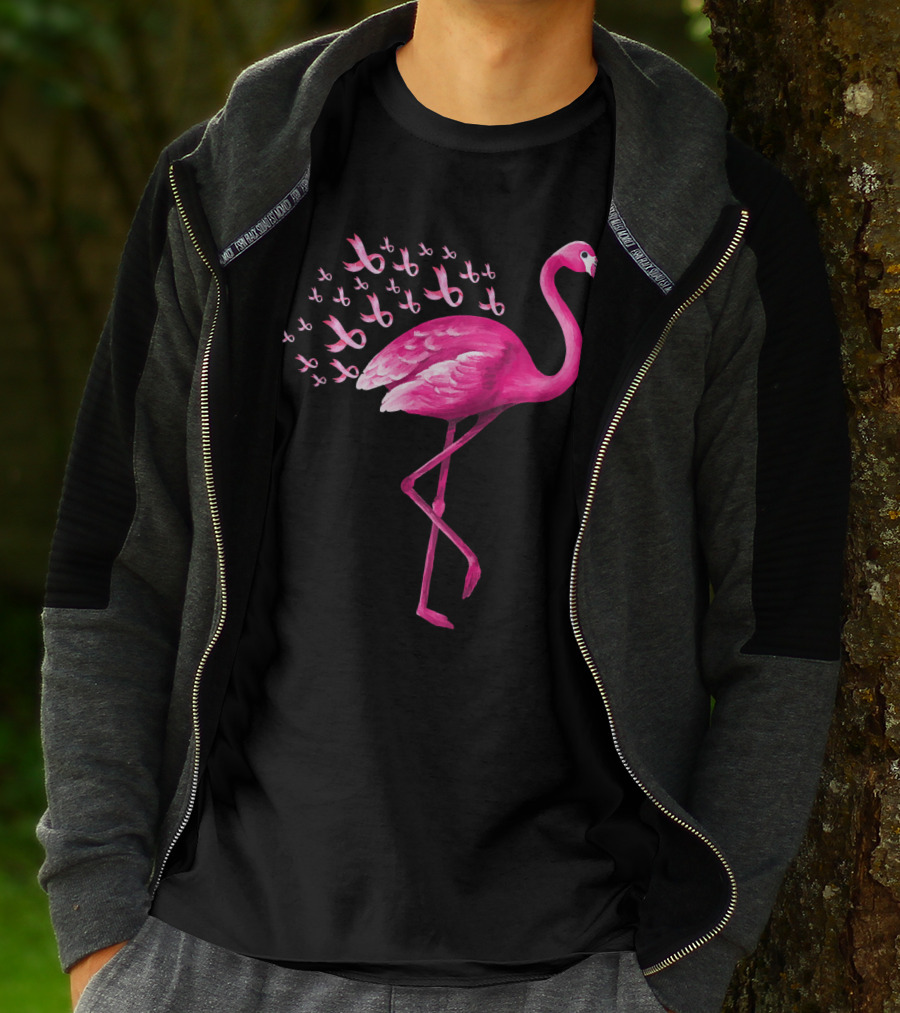 Pink Flamingo With Breast Cancer Awareness Ribbons T-Shirt