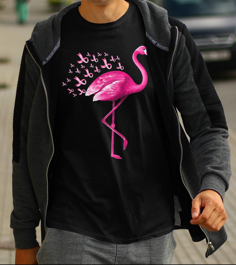 Pink Flamingo With Breast Cancer Awareness Ribbons T-Shirt