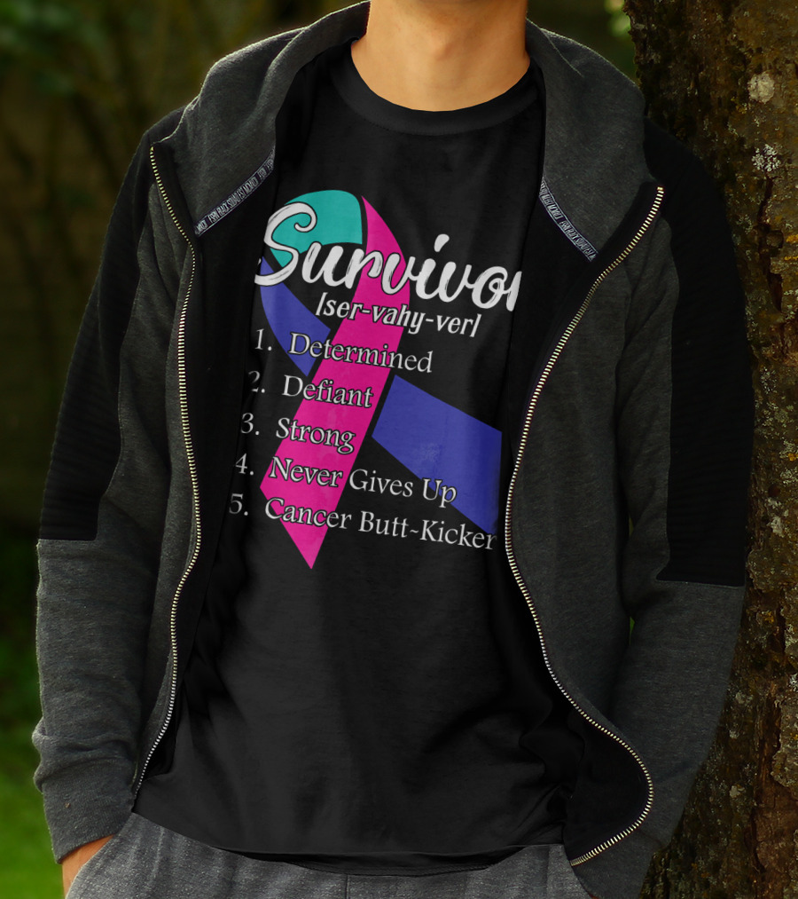 Survivor Defined: Determined, Defiant, Strong, Never Gives Up, Cancer Butt-Kicker T-Shirt