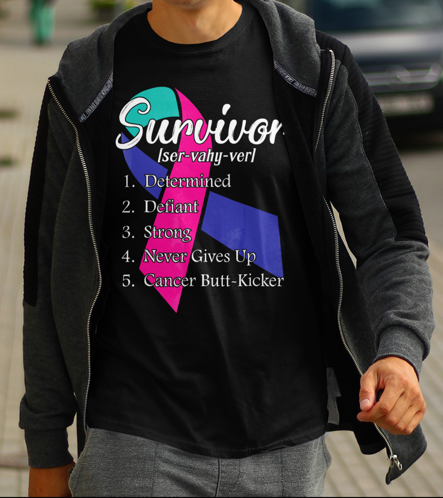 Survivor Defined: Determined, Defiant, Strong, Never Gives Up, Cancer Butt-Kicker T-Shirt