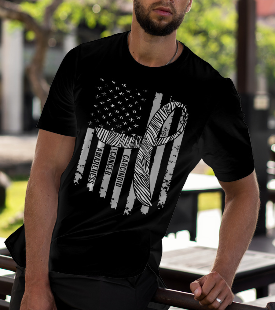 Zebra Ribbon Carcinoid Cancer Awareness American Flag Support T-Shirt