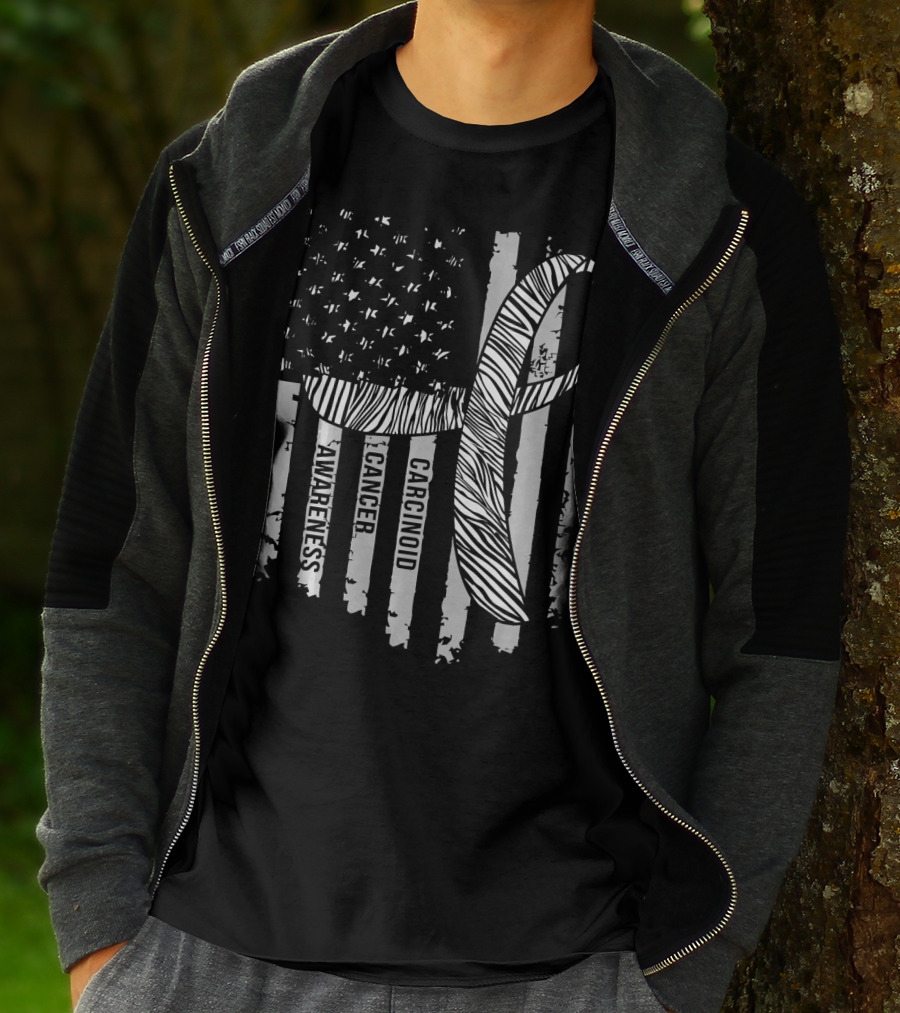 Zebra Ribbon Carcinoid Cancer Awareness American Flag Support T-Shirt