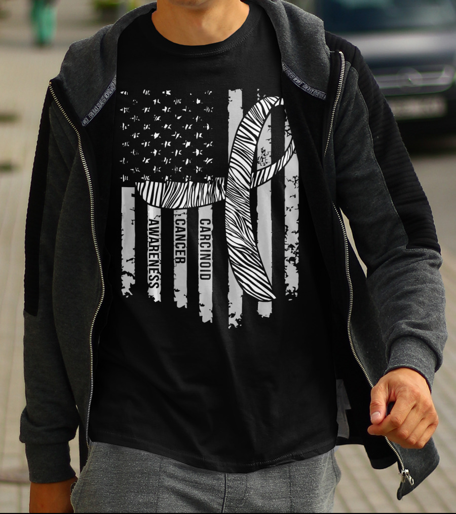 Zebra Ribbon Carcinoid Cancer Awareness American Flag Support T-Shirt