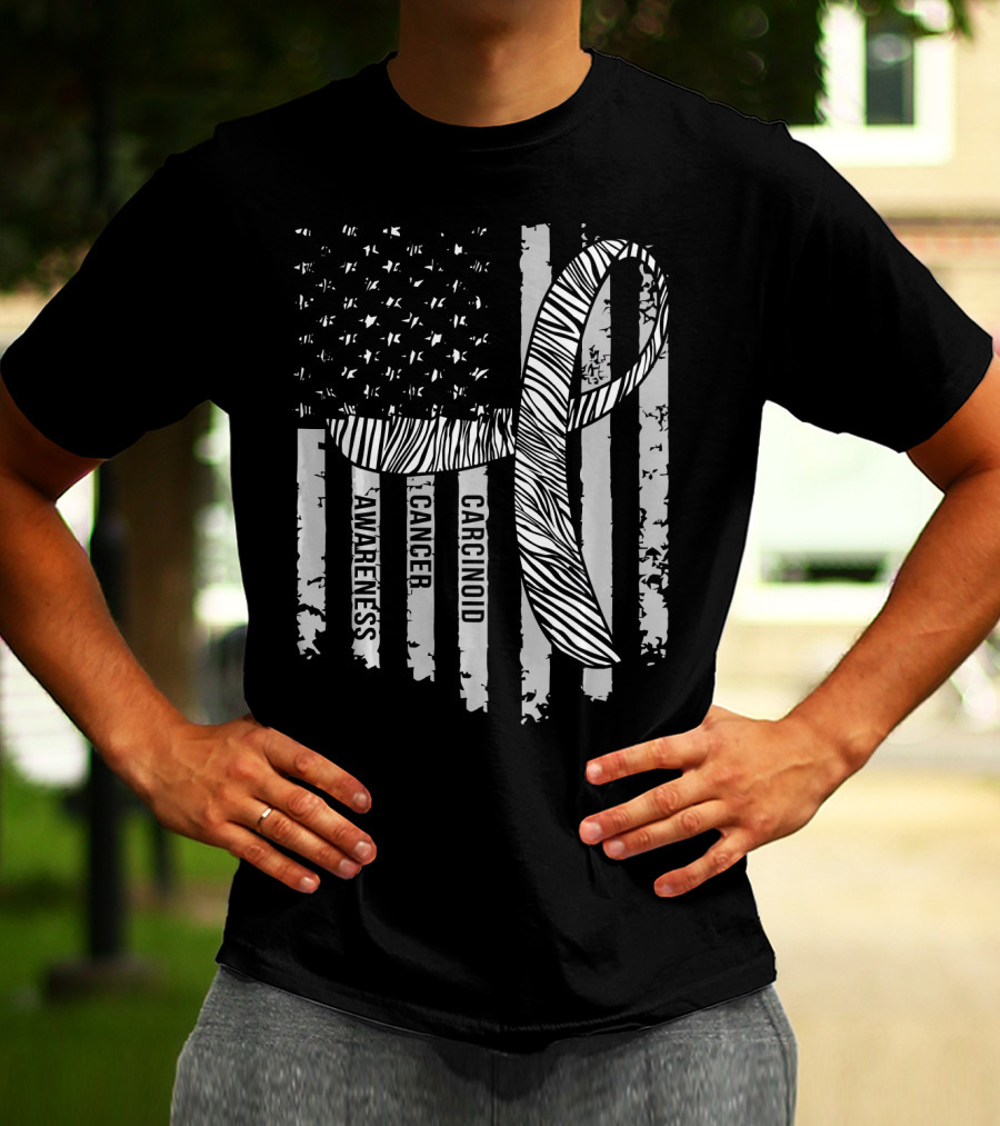 Zebra Ribbon Carcinoid Cancer Awareness American Flag Support T-Shirt