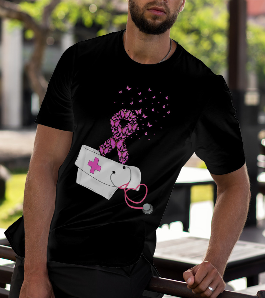 Breast Cancer Awareness Pink Butterfly Ribbon Nurse Doctor Stethoscope Hat T-Shirt