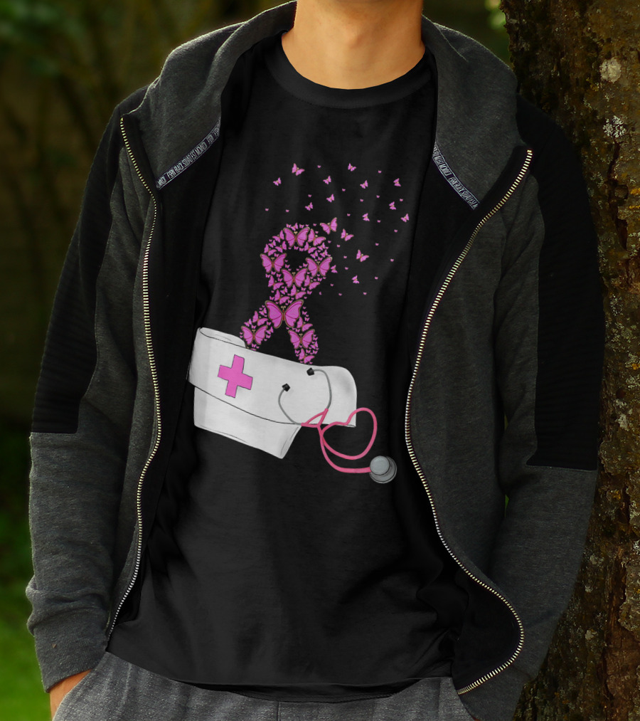 Breast Cancer Awareness Pink Butterfly Ribbon Nurse Doctor Stethoscope Hat T-Shirt