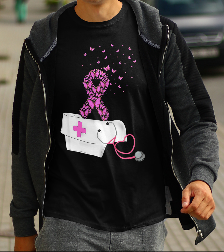 Breast Cancer Awareness Pink Butterfly Ribbon Nurse Doctor Stethoscope Hat T-Shirt