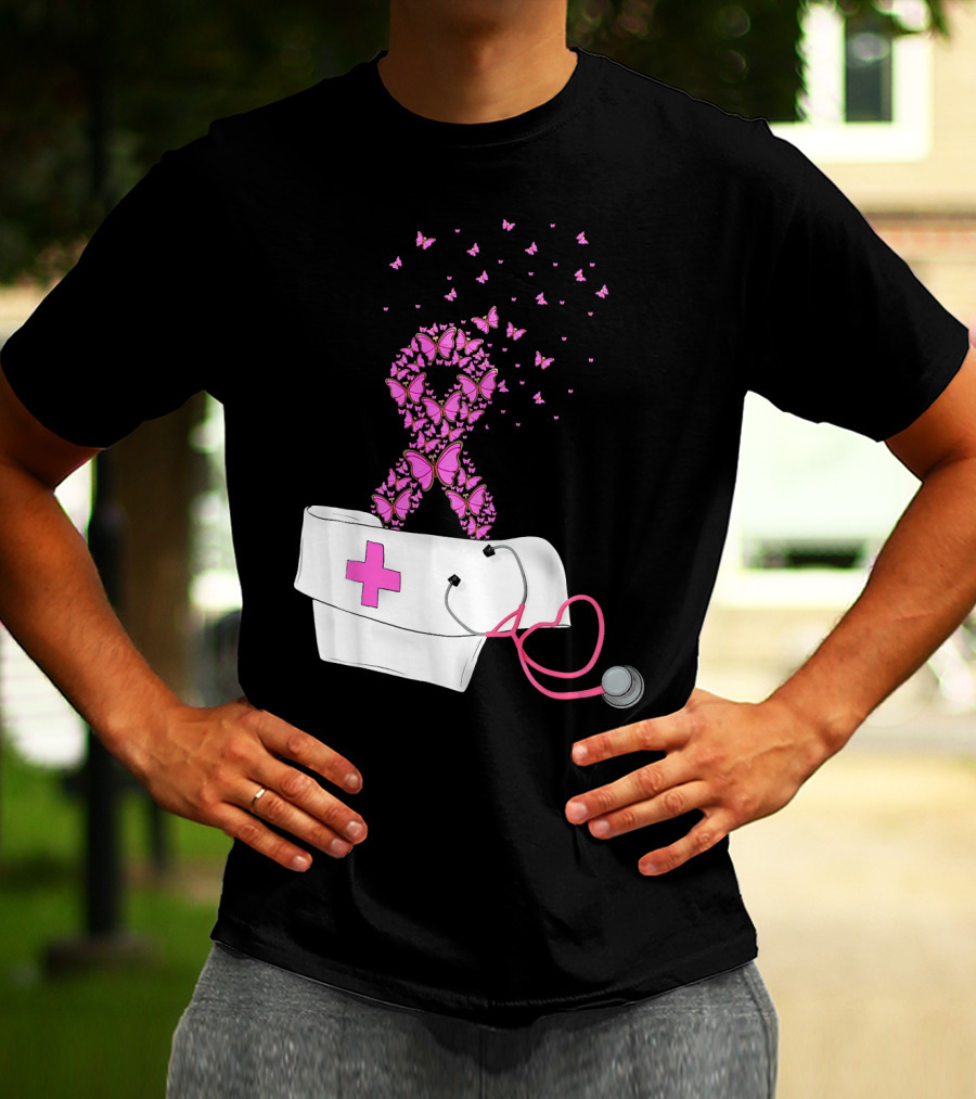 Breast Cancer Awareness Pink Butterfly Ribbon Nurse Doctor Stethoscope Hat T-Shirt