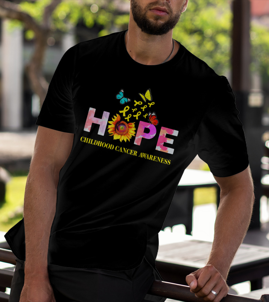 HOPE Childhood Cancer Awareness Yellow Ribbon Butterflies Sunflower T-Shirt