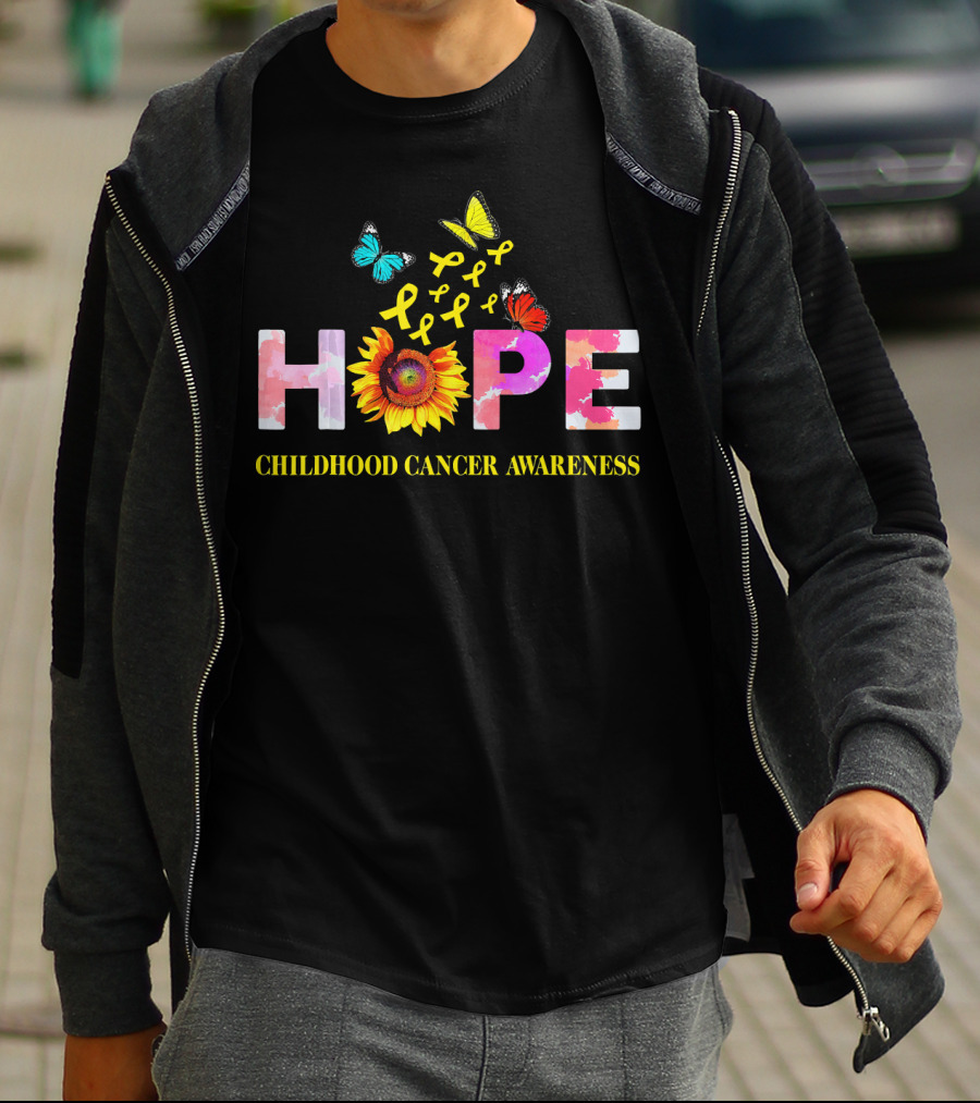 HOPE Childhood Cancer Awareness Yellow Ribbon Butterflies Sunflower T-Shirt