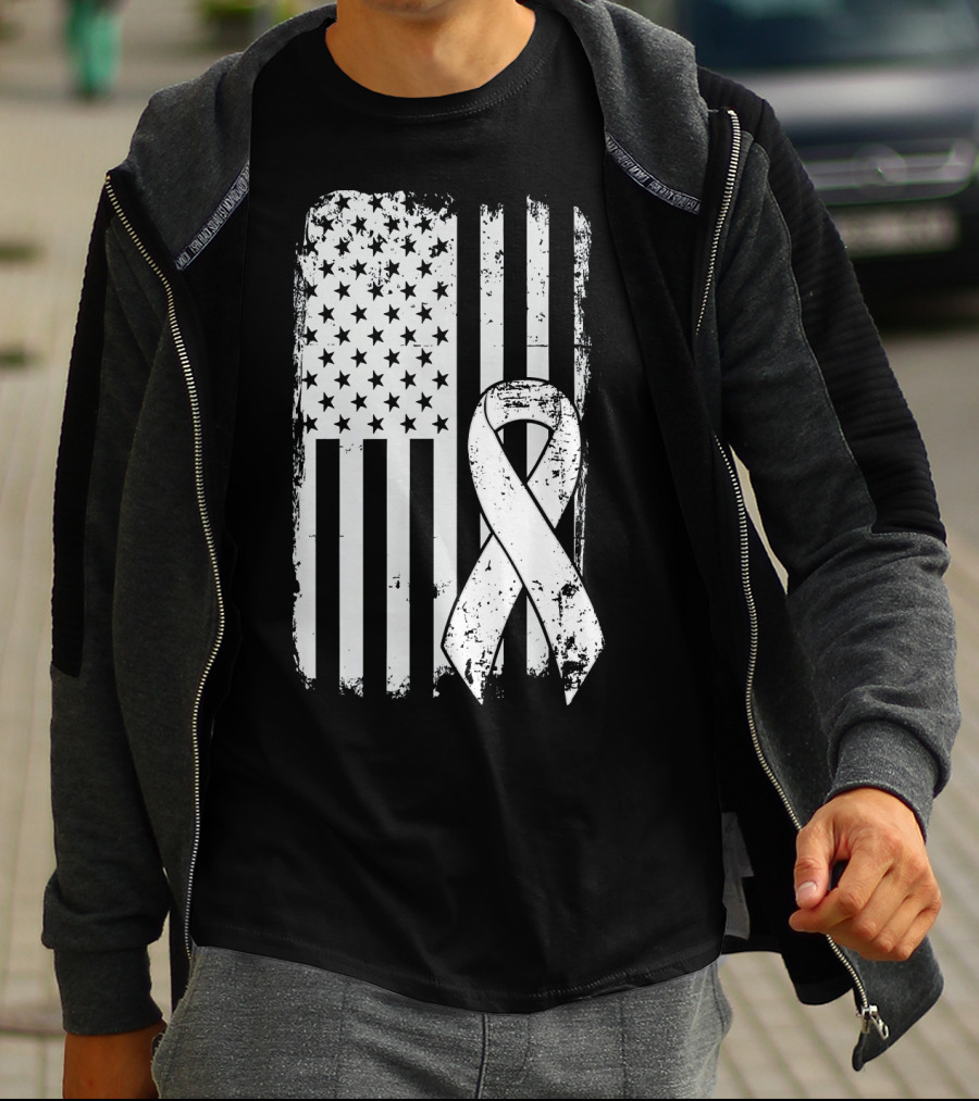 Mens Lung Cancer Awareness Distressed American Flag T-Shirt
