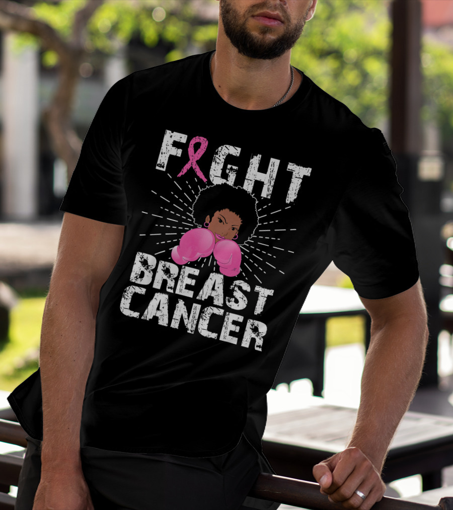 FIGHT Breast Cancer Pink Ribbon Afro Woman Boxing Gloves T-Shirt
