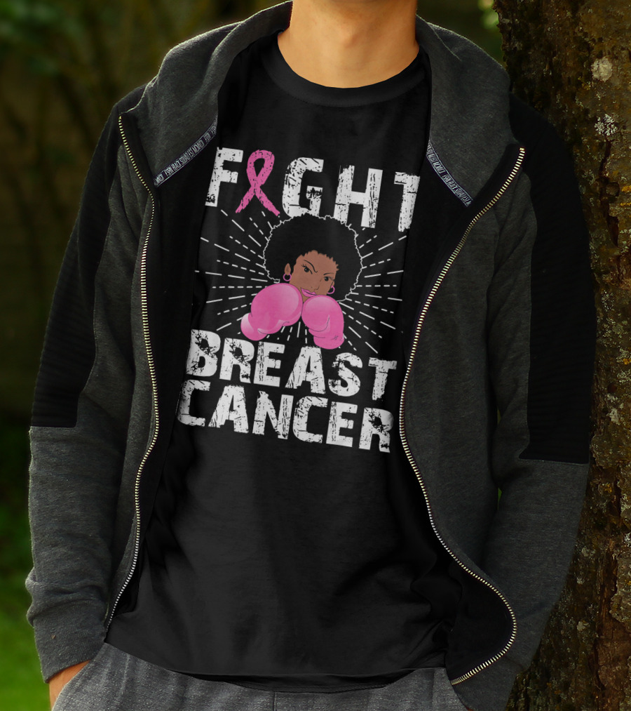 FIGHT Breast Cancer Pink Ribbon Afro Woman Boxing Gloves T-Shirt