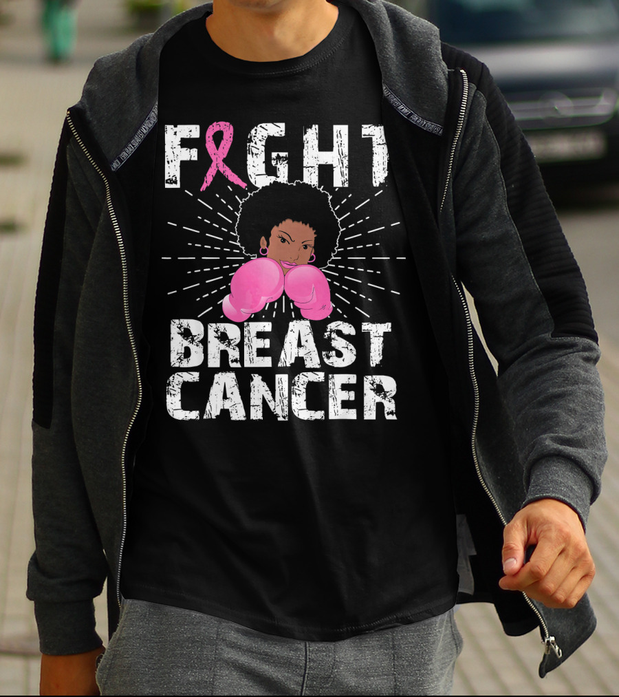 FIGHT Breast Cancer Pink Ribbon Afro Woman Boxing Gloves T-Shirt