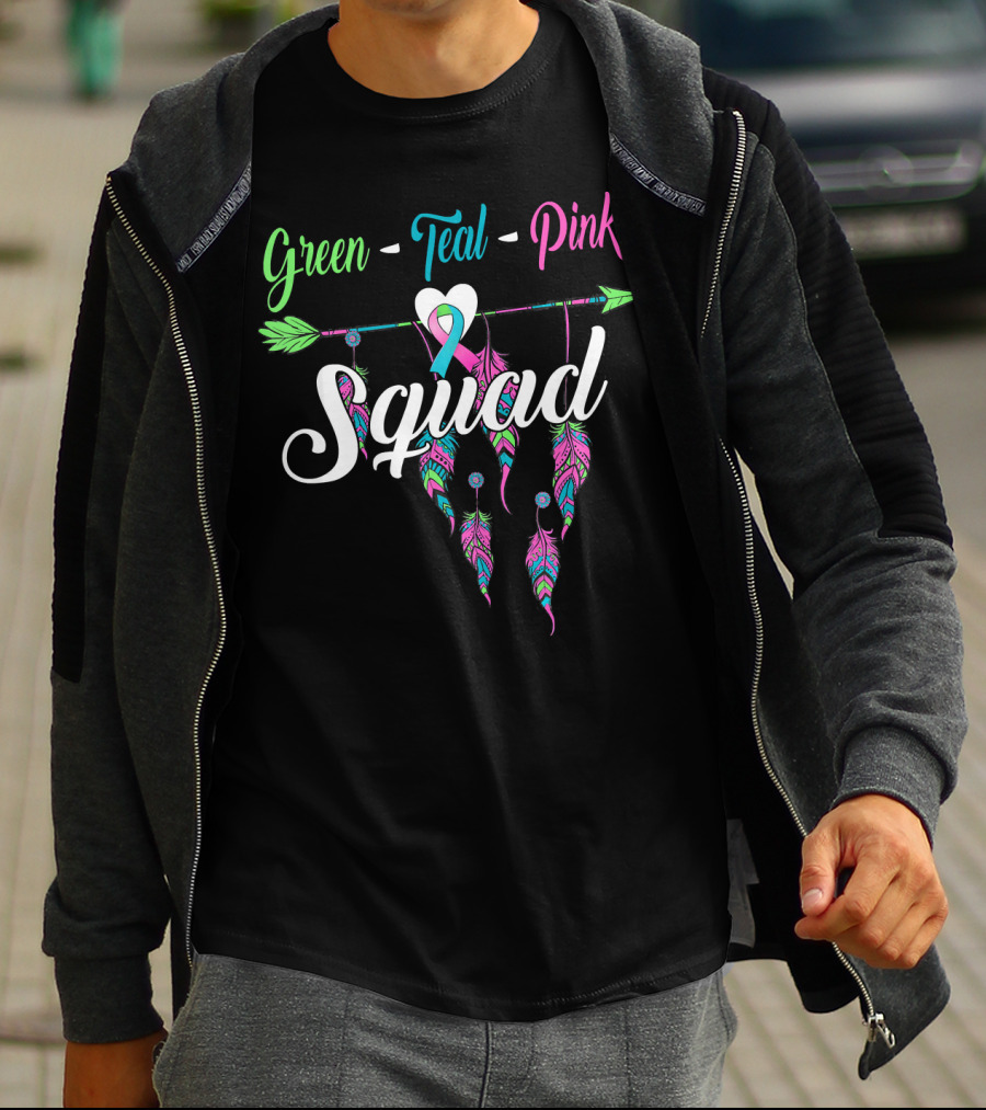 Green Teal Pink Ribbon Arrow Heart Feather Squad T-Shirt