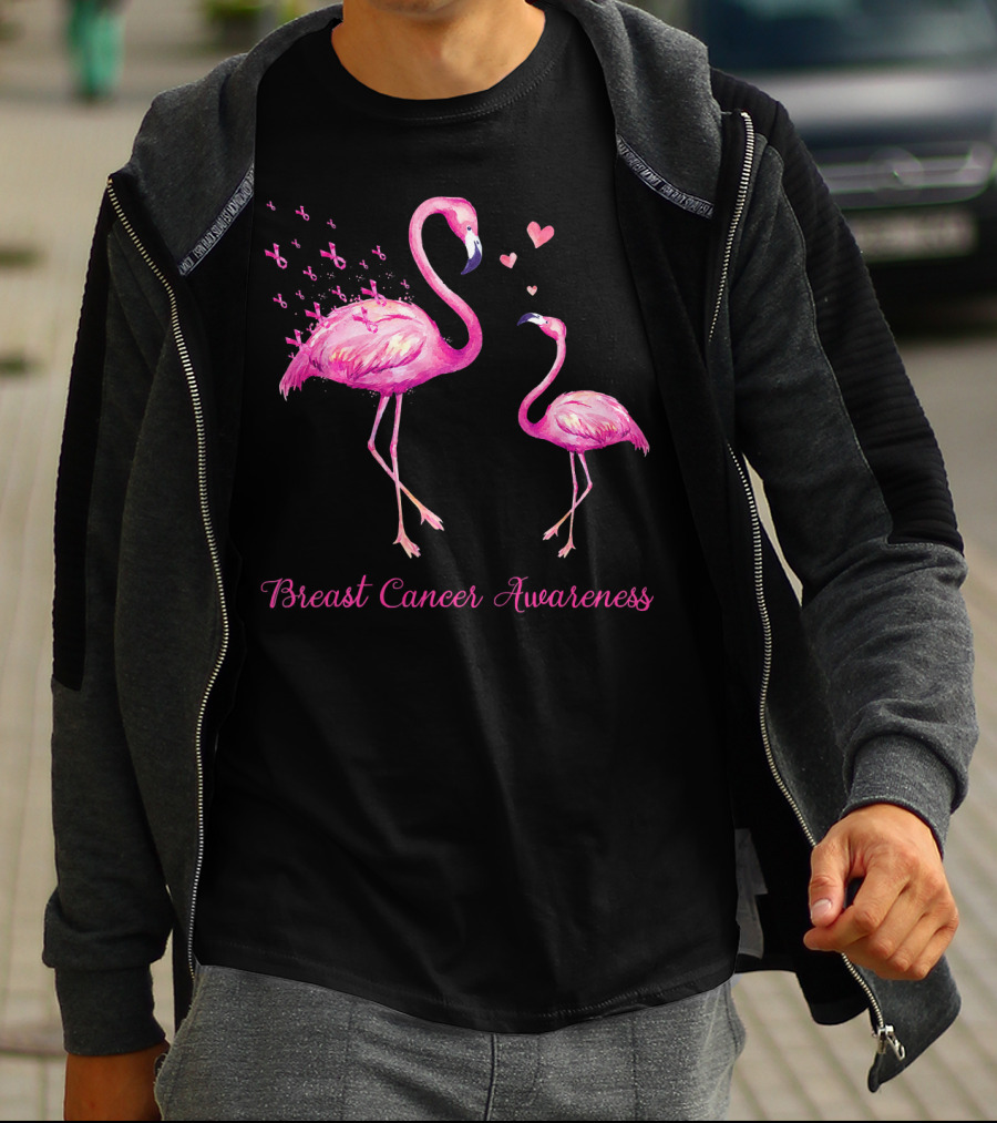 Breast Cancer Awareness Family Flamingo Mom Baby Hearts T-Shirt
