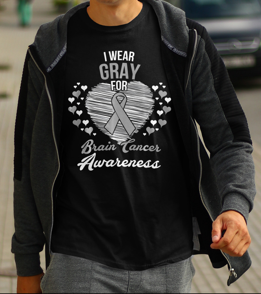 I Wear Gray For Brain Cancer Awareness Ribbon Heart And Hearts T-Shirt