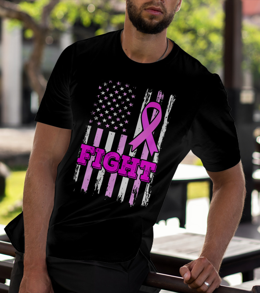 Fight Pink Ribbon American Flag Breast Cancer Awareness T-Shirt