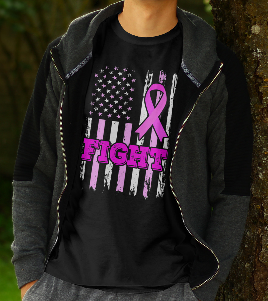 Fight Pink Ribbon American Flag Breast Cancer Awareness T-Shirt