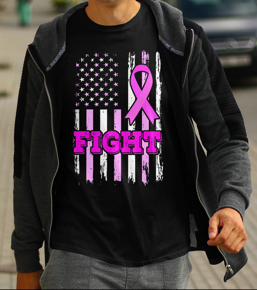 Fight Pink Ribbon American Flag Breast Cancer Awareness T-Shirt
