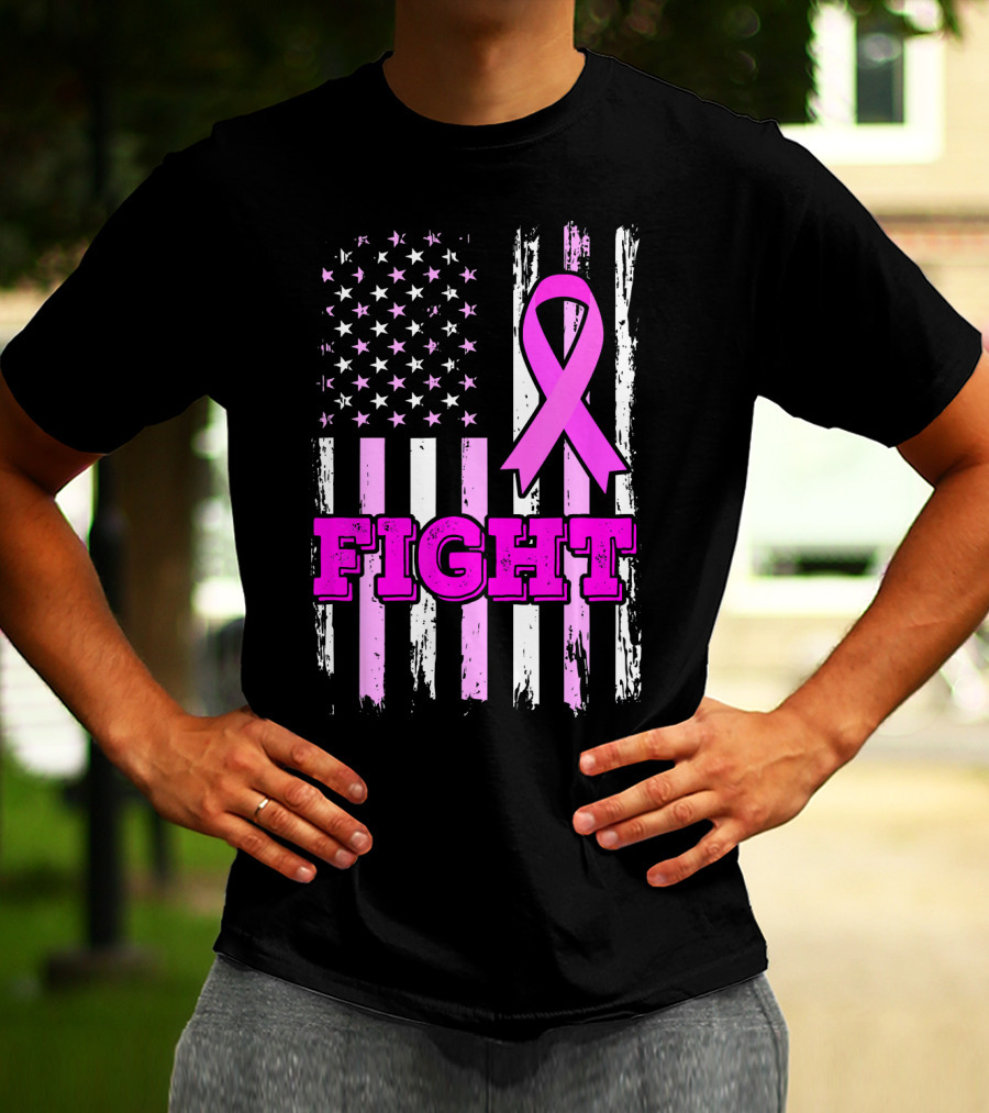 Fight Pink Ribbon American Flag Breast Cancer Awareness T-Shirt