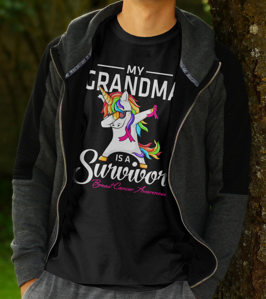 My Grandma Is A Survivor Breast Cancer Awareness Unicorn Dab T-Shirt