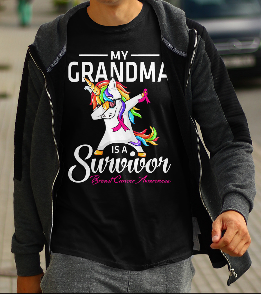 My Grandma Is A Survivor Breast Cancer Awareness Unicorn Dab T-Shirt