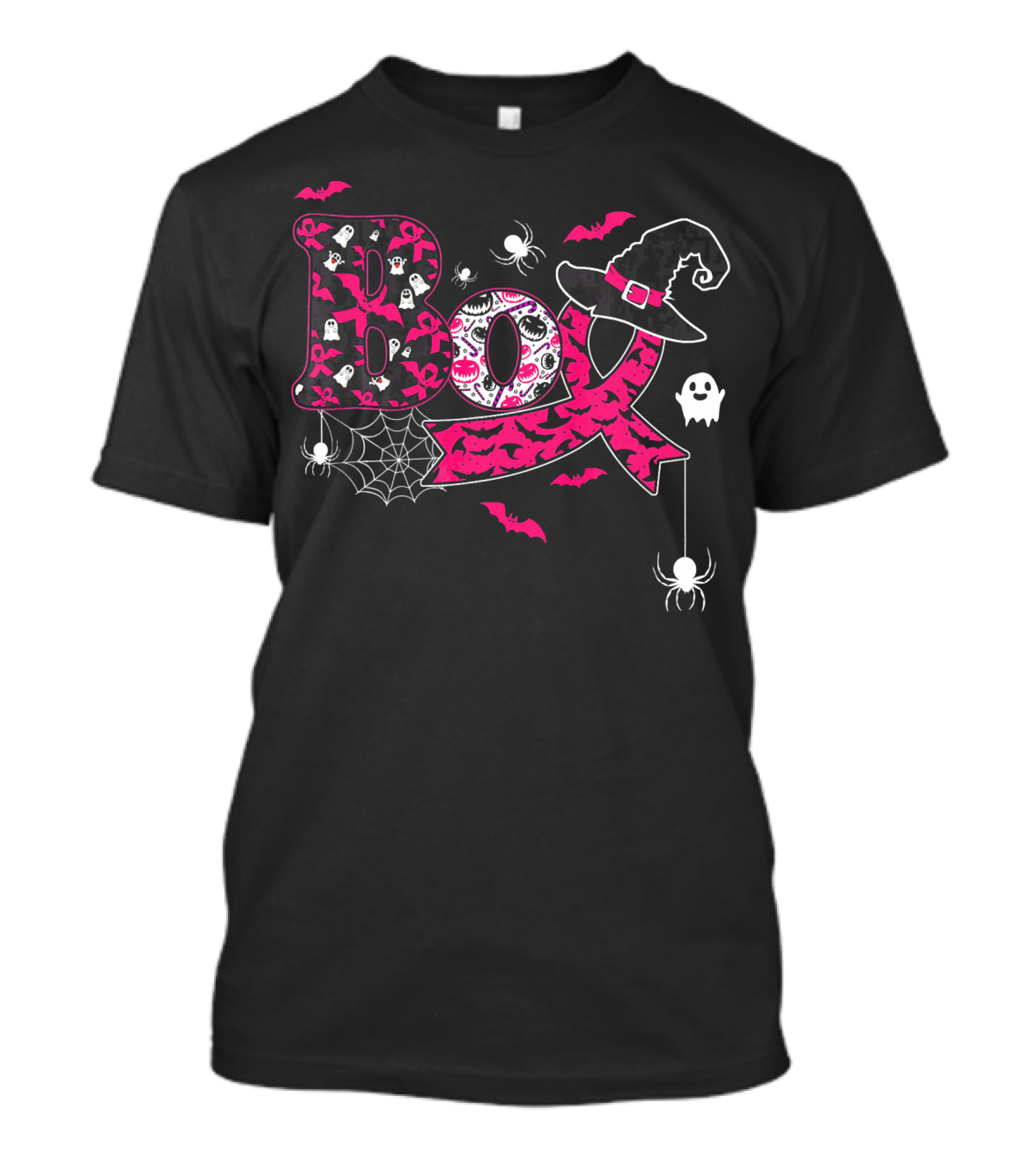 Boo Breast Cancer Halloween Spiders Ghosts Bats Witch Hat T-Shirt