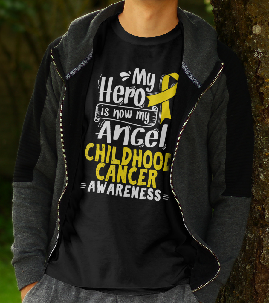 Gold Awareness Ribbon My Hero Is Now My Angel Childhood Cancer Awareness T-Shirt