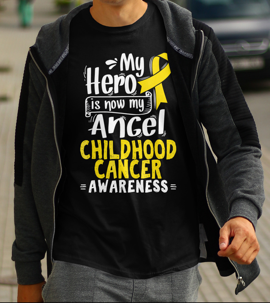 Gold Awareness Ribbon My Hero Is Now My Angel Childhood Cancer Awareness T-Shirt