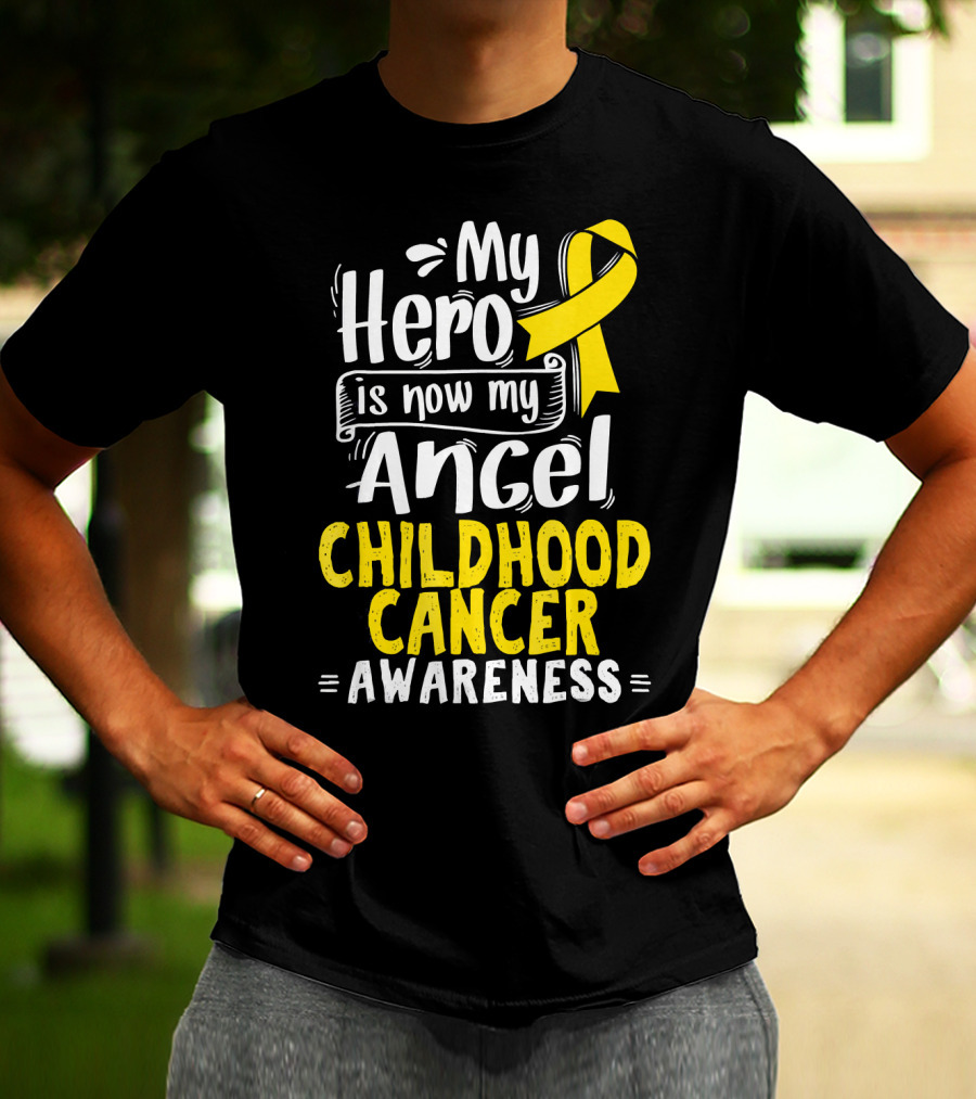 Gold Awareness Ribbon My Hero Is Now My Angel Childhood Cancer Awareness T-Shirt
