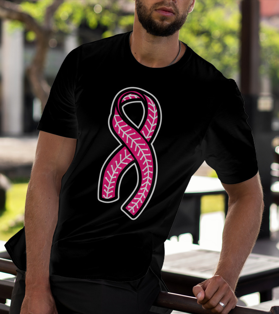 Pink Ribbon Baseball Stitching Breast Cancer Awareness T-Shirt