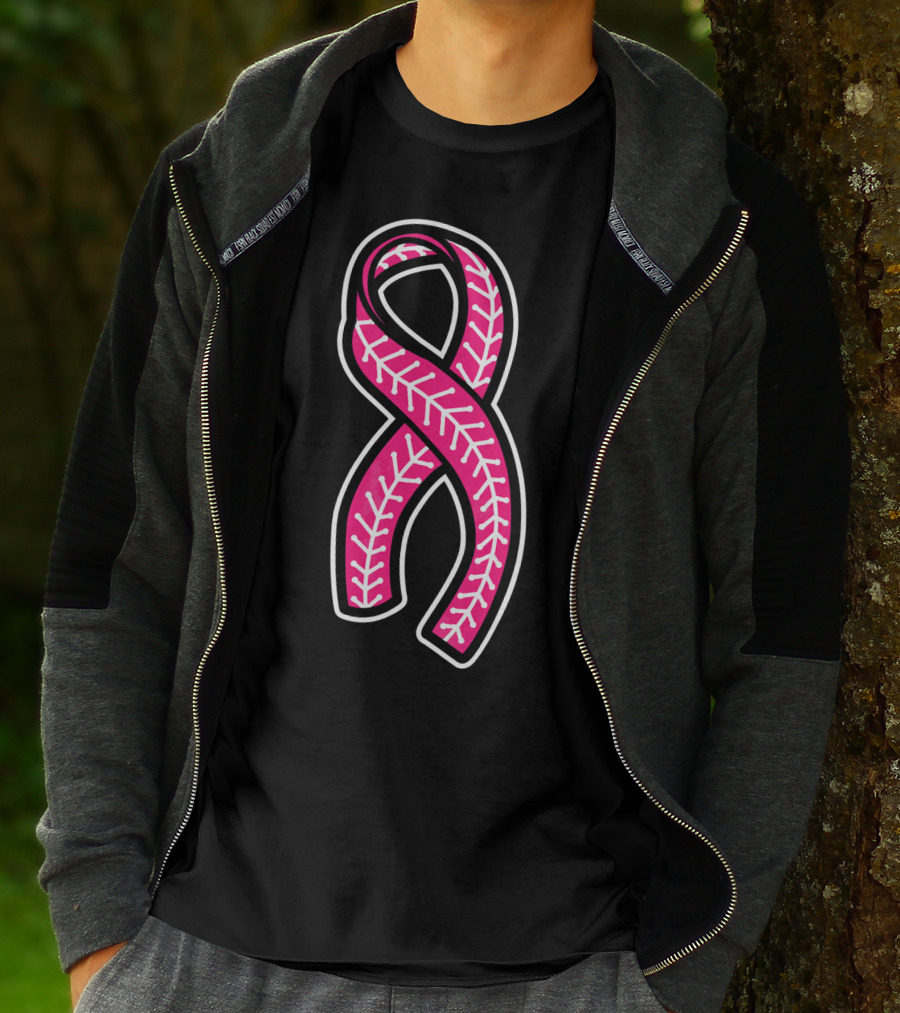 Pink Ribbon Baseball Stitching Breast Cancer Awareness T-Shirt