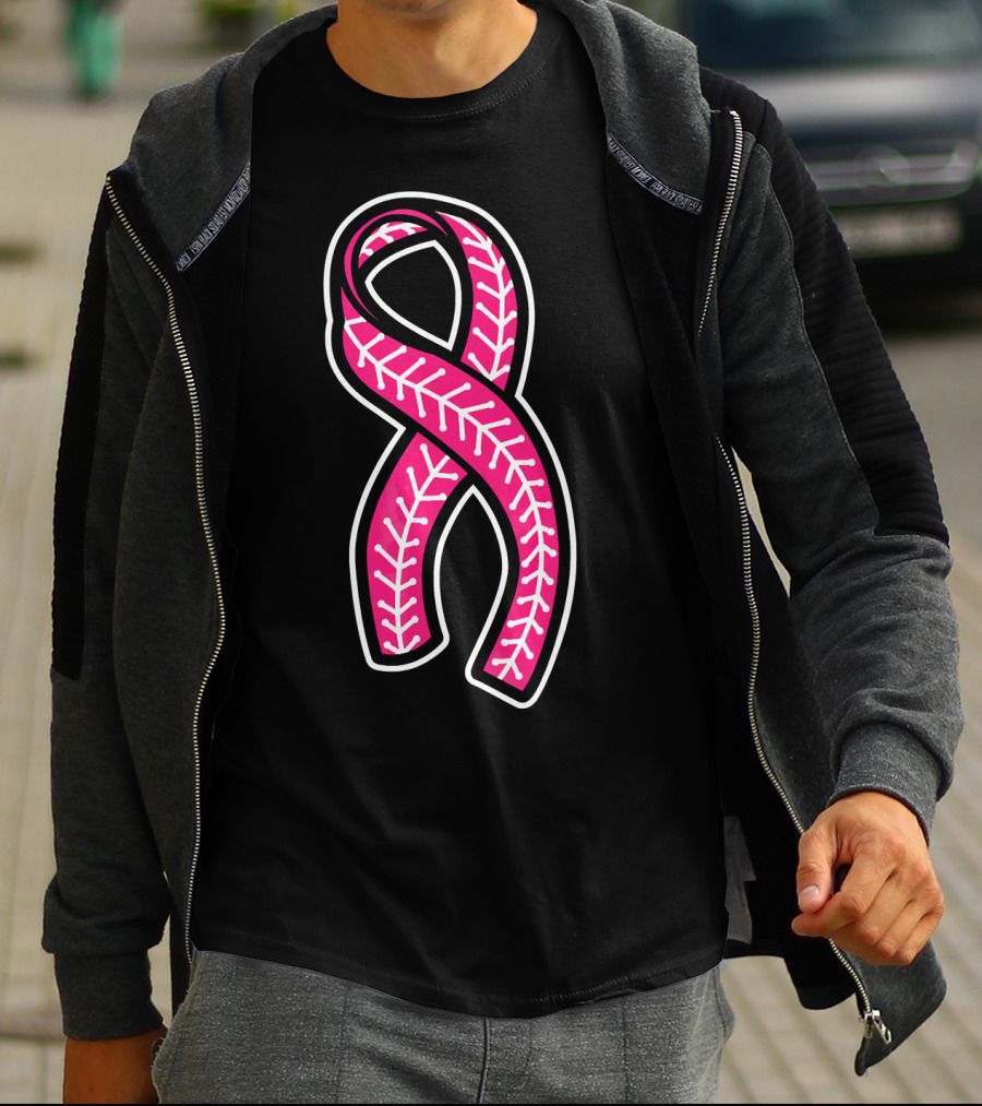 Pink Ribbon Baseball Stitching Breast Cancer Awareness T-Shirt