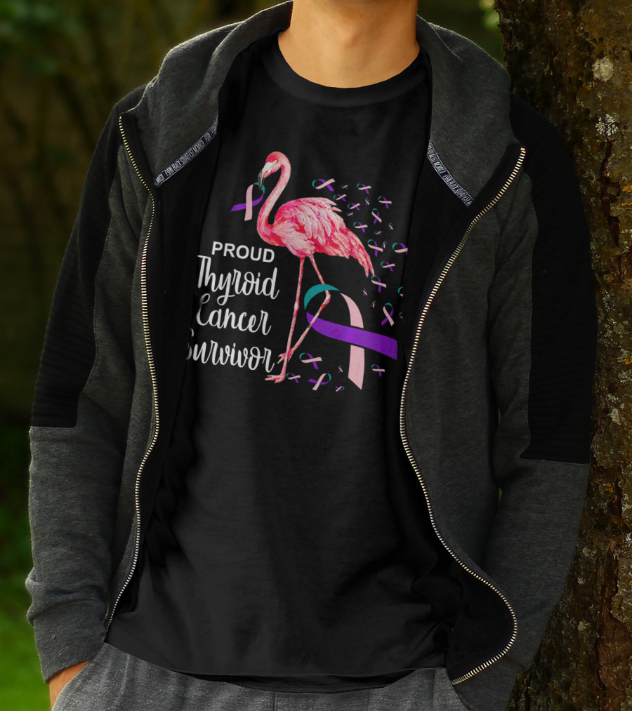 Proud Thyroid Cancer Survivor Flamingo Pink And Purple Ribbons T-Shirt
