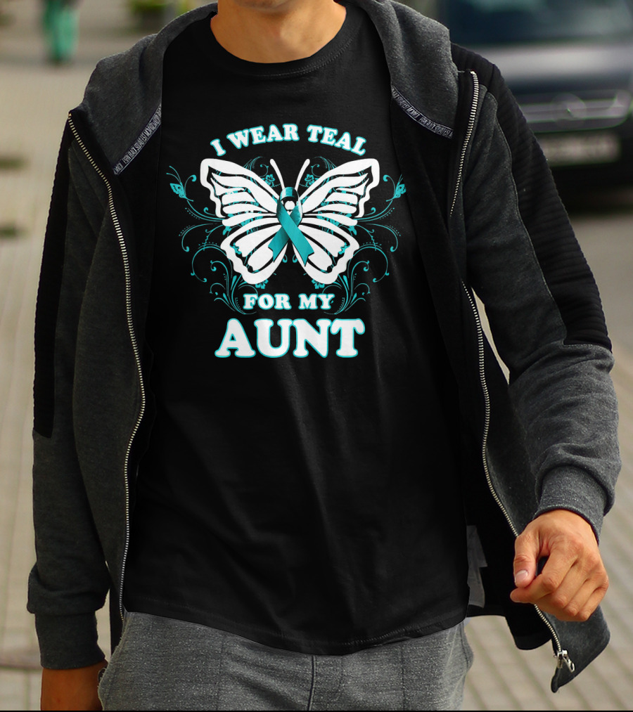 I Wear Teal For My Aunt Ovarian Cancer Awareness Butterfly T-Shirt