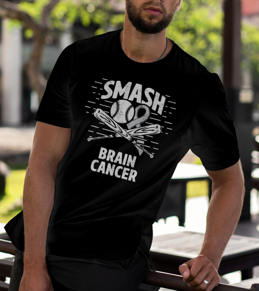 Smash Brain Cancer Baseball Ribbon Therapy Grey T-Shirt