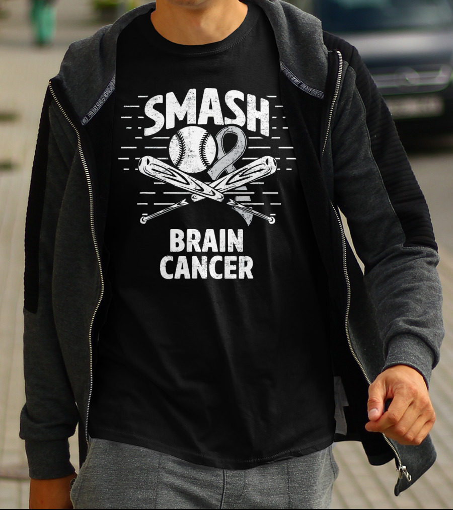 Smash Brain Cancer Baseball Ribbon Therapy Grey T-Shirt