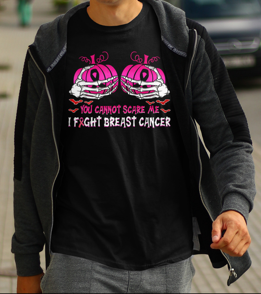 You Cannot Scare Me I Fight Breast Cancer Pink Pumpkins Skeleton Hands T-Shirt