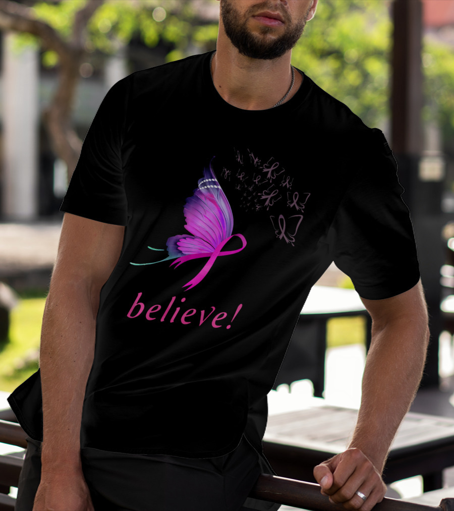 Believe Pink Ribbon Butterfly Breast Cancer Awareness T-Shirt
