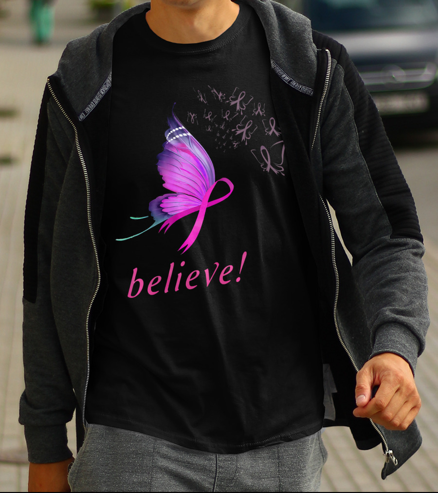 Believe Pink Ribbon Butterfly Breast Cancer Awareness T-Shirt