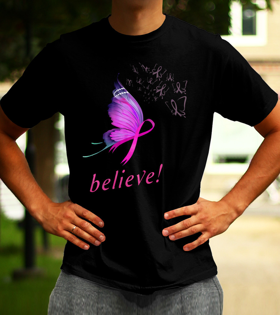 Believe Pink Ribbon Butterfly Breast Cancer Awareness T-Shirt
