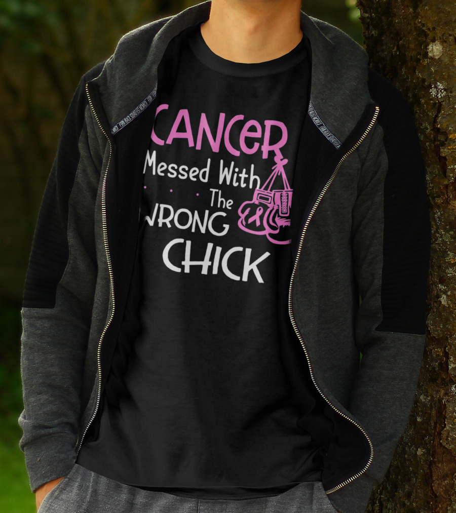 Cancer Messed With The Wrong Chick Boxing Gloves Pink Awareness T-Shirt