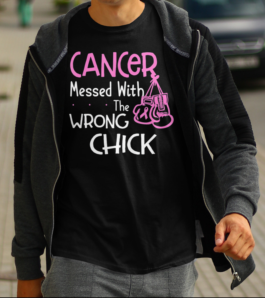 Cancer Messed With The Wrong Chick Boxing Gloves Pink Awareness T-Shirt