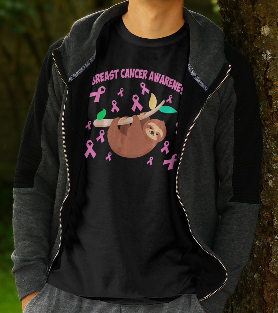 Breast Cancer Awareness Cute Sloth Pink Ribbons T-Shirt