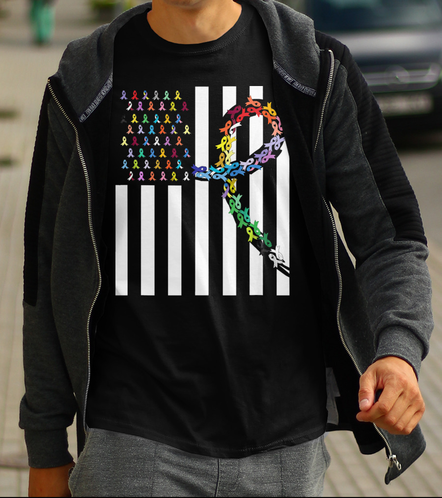 All Cancer Matters Awareness USA Flag Ribbon Stripes T-Shirt