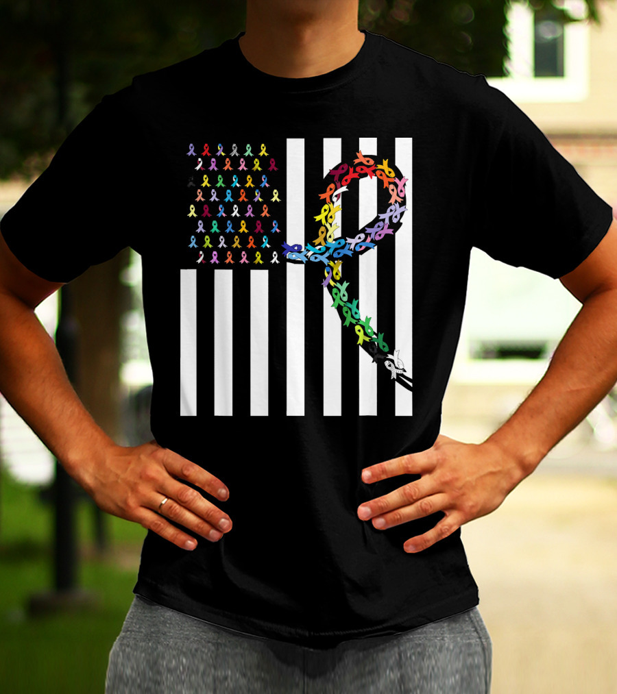All Cancer Matters Awareness USA Flag Ribbon Stripes T-Shirt