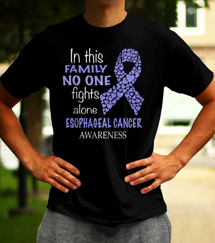 In This Family No One Fights Alone Esophageal Cancer Awareness Ribbon Hearts T-Shirt